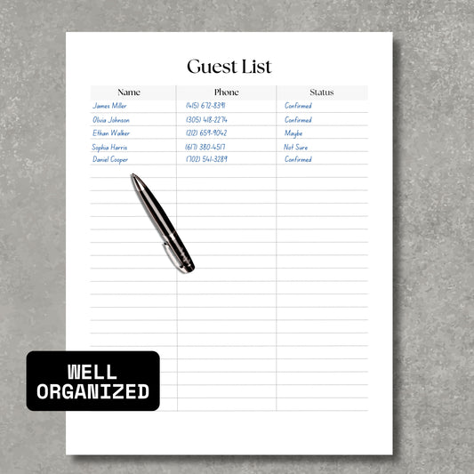 Guest List Paper Sheet