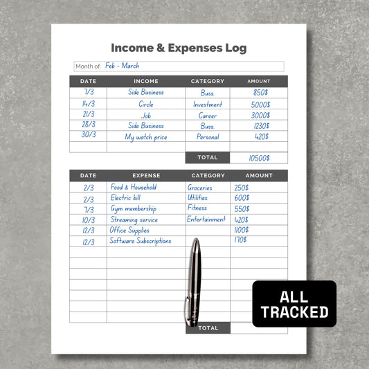 Income & Expenses Log Sheet