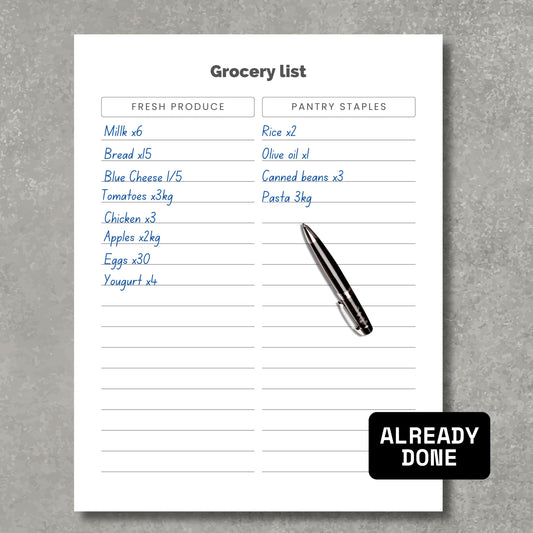Grocery List PDF Sheet