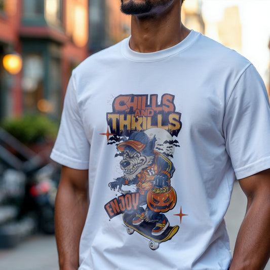 Chills And Thrills Enjoy - Halloween Wolf Skateboard Statement Artwork
