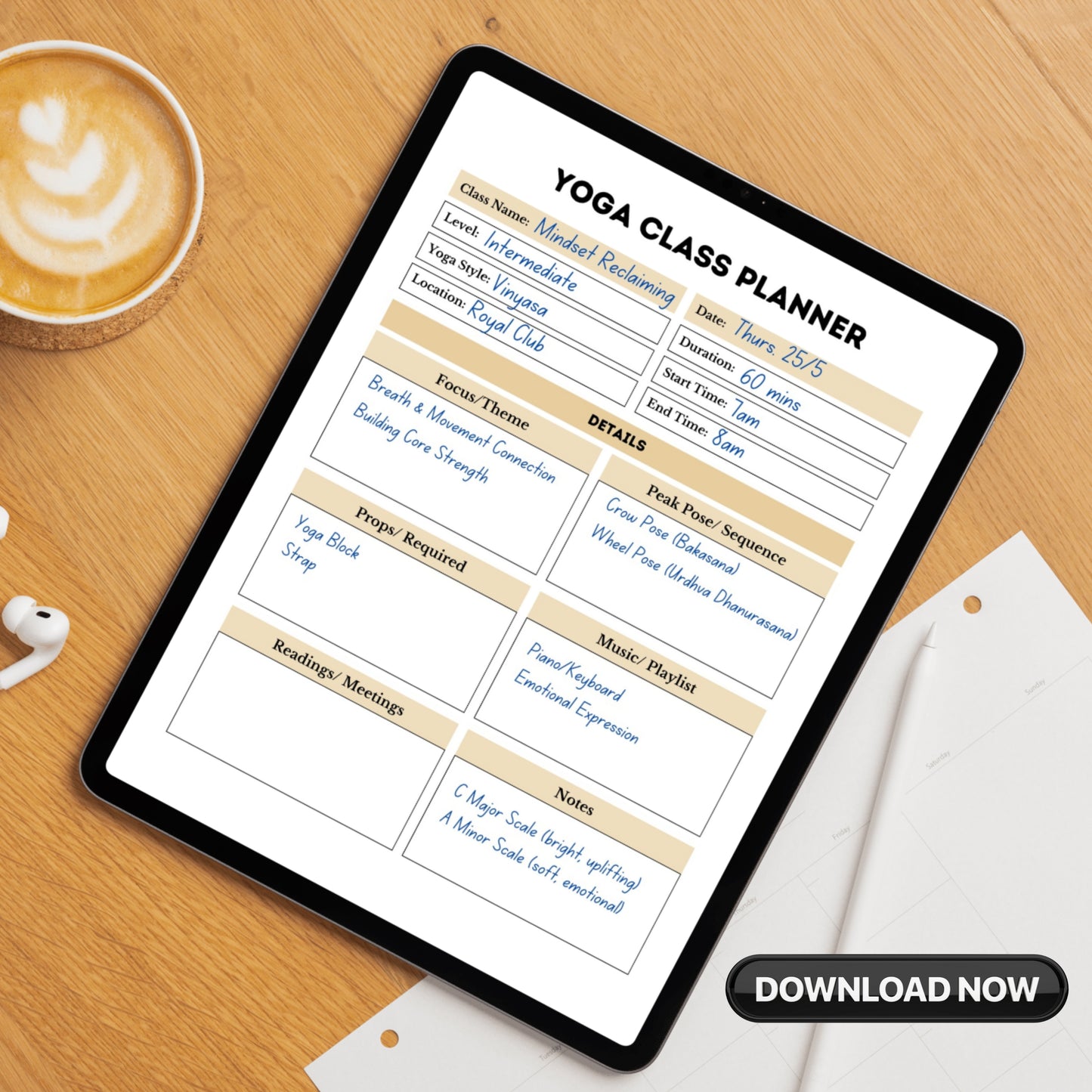 Yoga Class Planner- Gold Theme