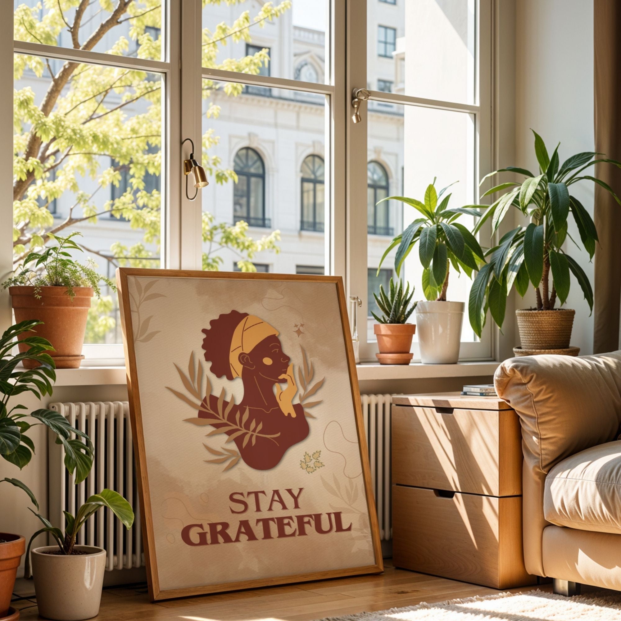 Stay Grateful - African American Gratitude Wall Art | Botanical Portrait Poster