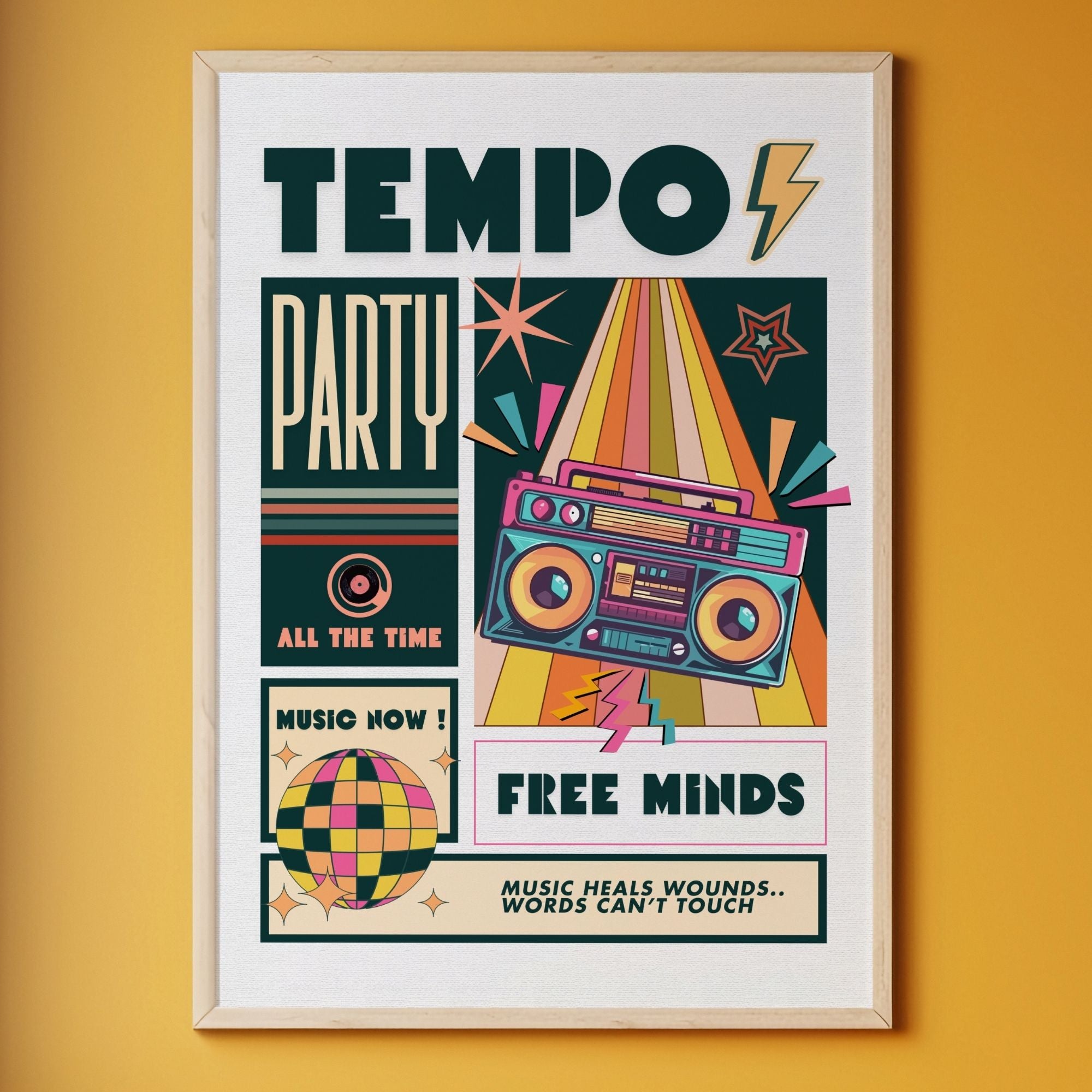 Tempo Party - Music Heals Wounds, Free Minds Retro Wall Art