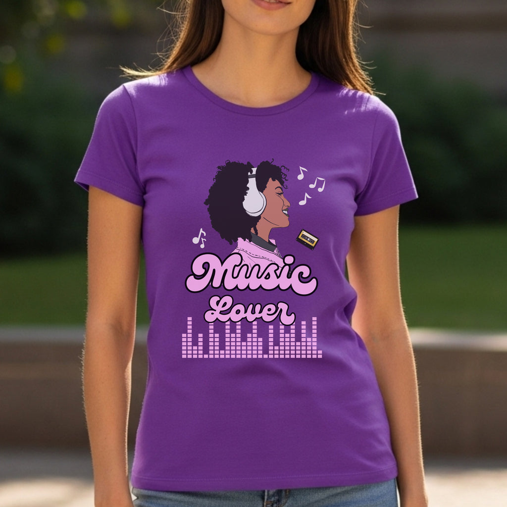 Music Lover - Illustrated Woman with Headphones Pink Script Equalizer Design Artwork