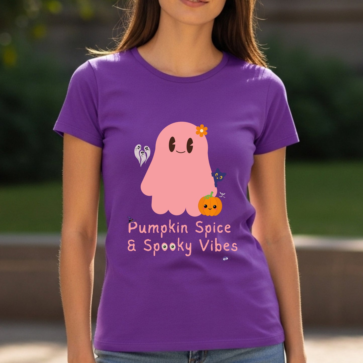 Pumpkin Spice & Spooky Vibes - Cute Halloween Ghost Autumn Season Statement Artwork