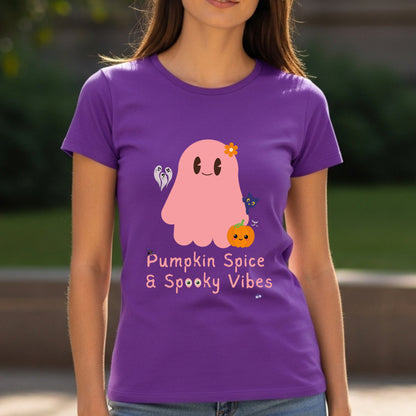 Pumpkin Spice & Spooky Vibes - Cute Halloween Ghost Autumn Season Statement Artwork
