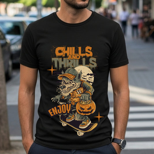 Chills And Thrills Enjoy - Halloween Wolf Skateboard Statement Artwork