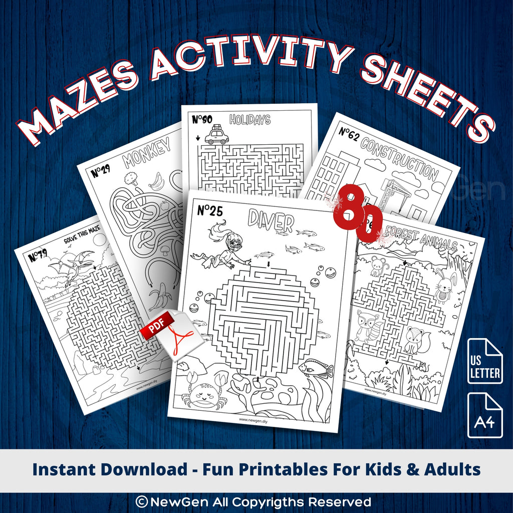 80 Mazes Fun Activity Sheets For Kids & Adults - 3 Levels