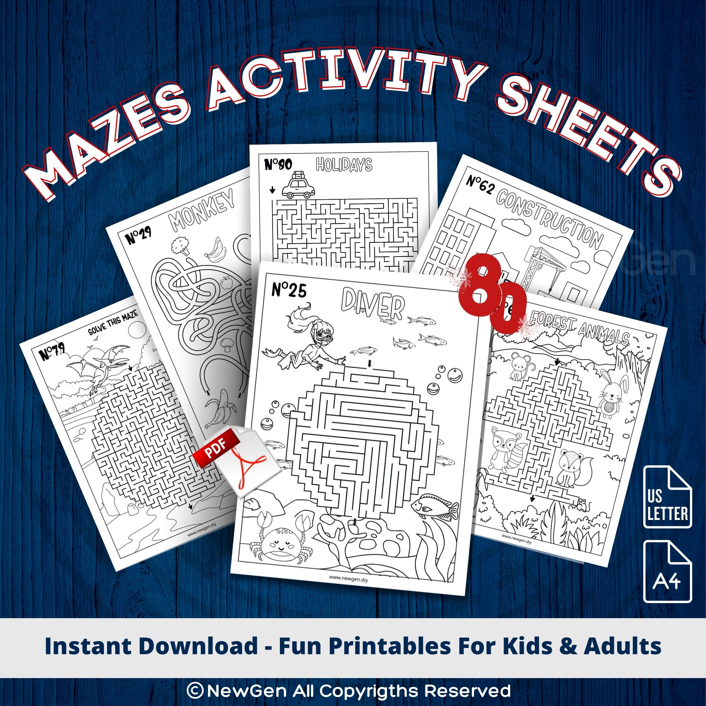 80 Mazes Fun Activity Sheets For Kids & Adults - 3 Levels