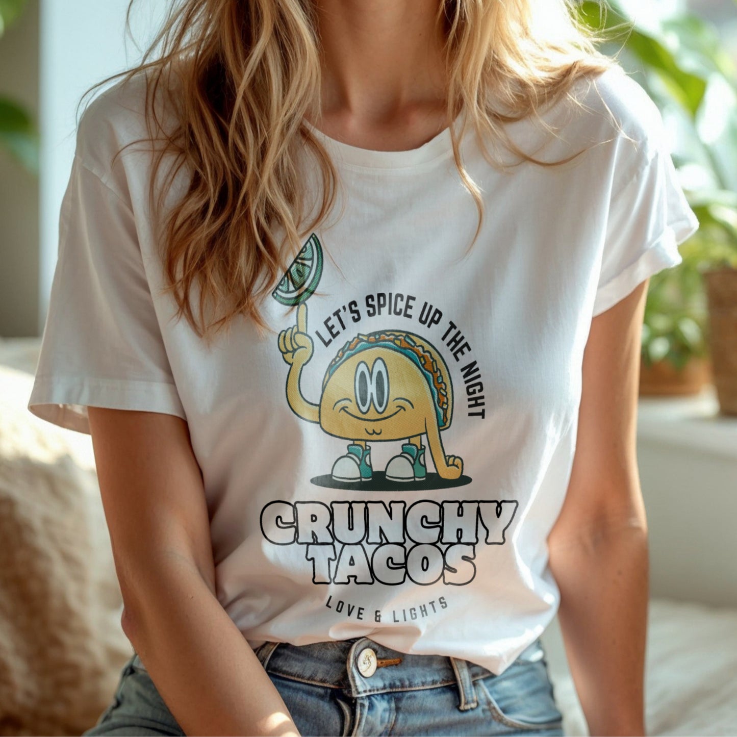 Let's Spice Up The Night - Crunchy Tacos Love & Lights Cartoon Character Fun Food Humor Artwok