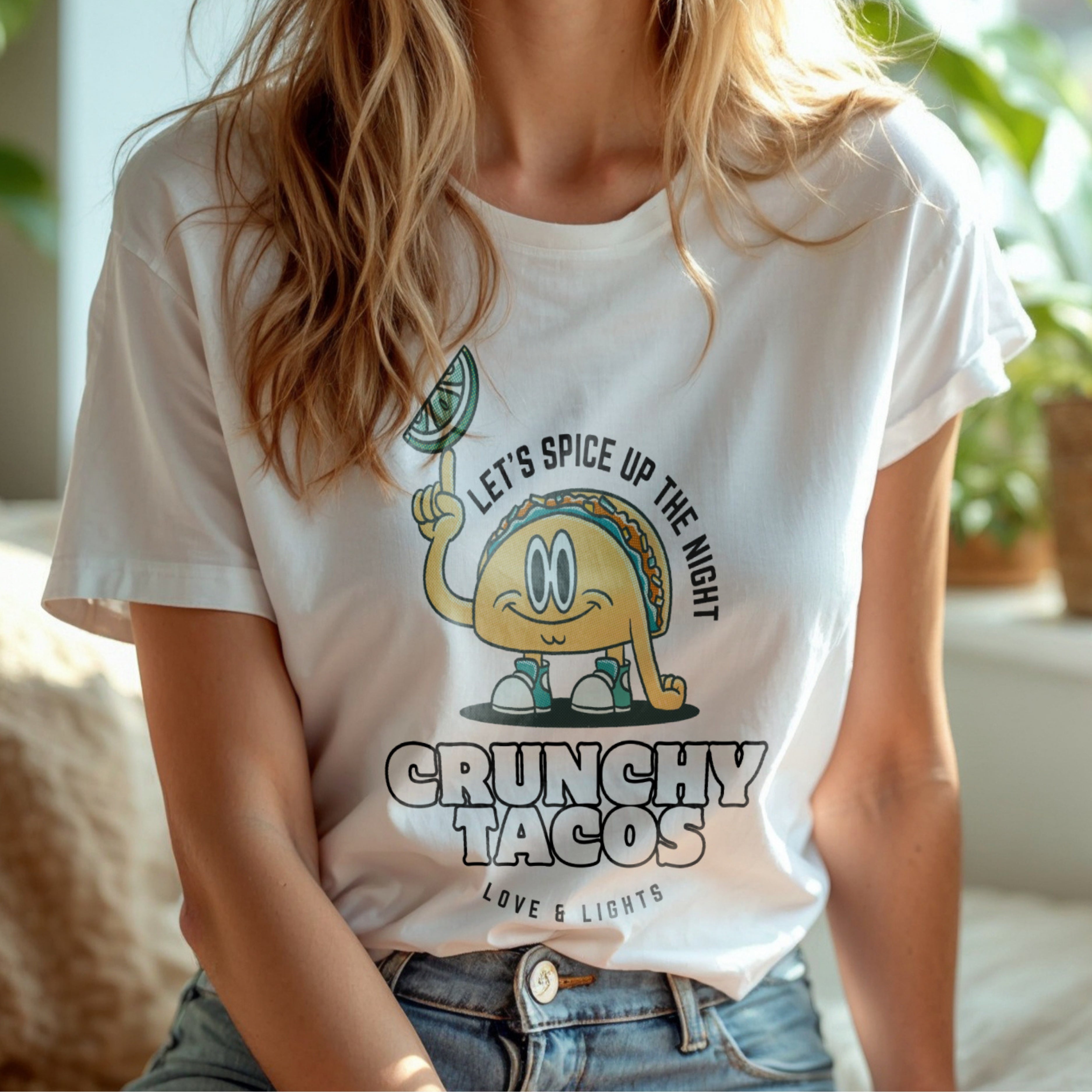 Let's Spice Up The Night - Crunchy Tacos Love & Lights Cartoon Character Fun Food Humor Artwok