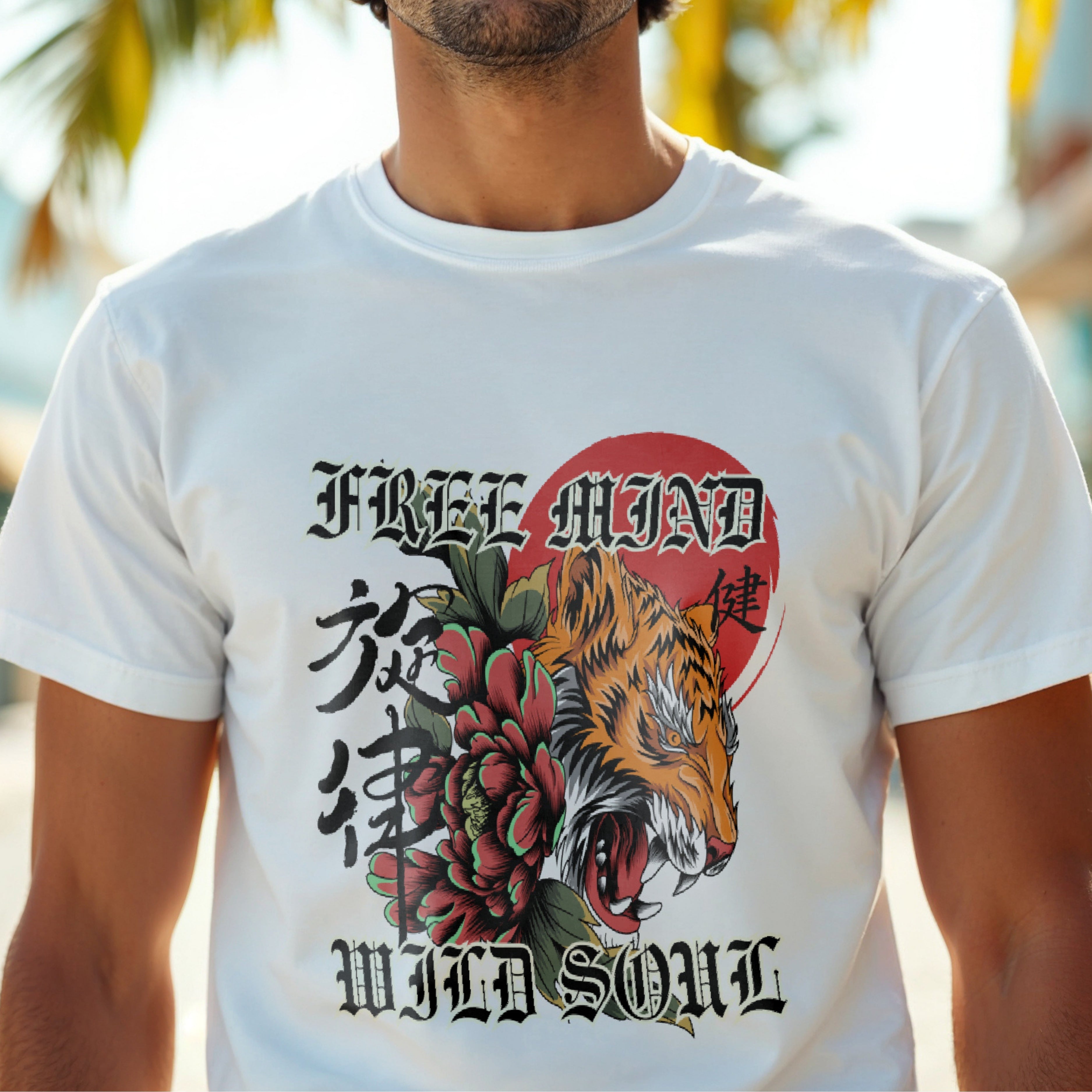 Free Mind Wild Soul - Japanese Tiger Floral Statement Artwork