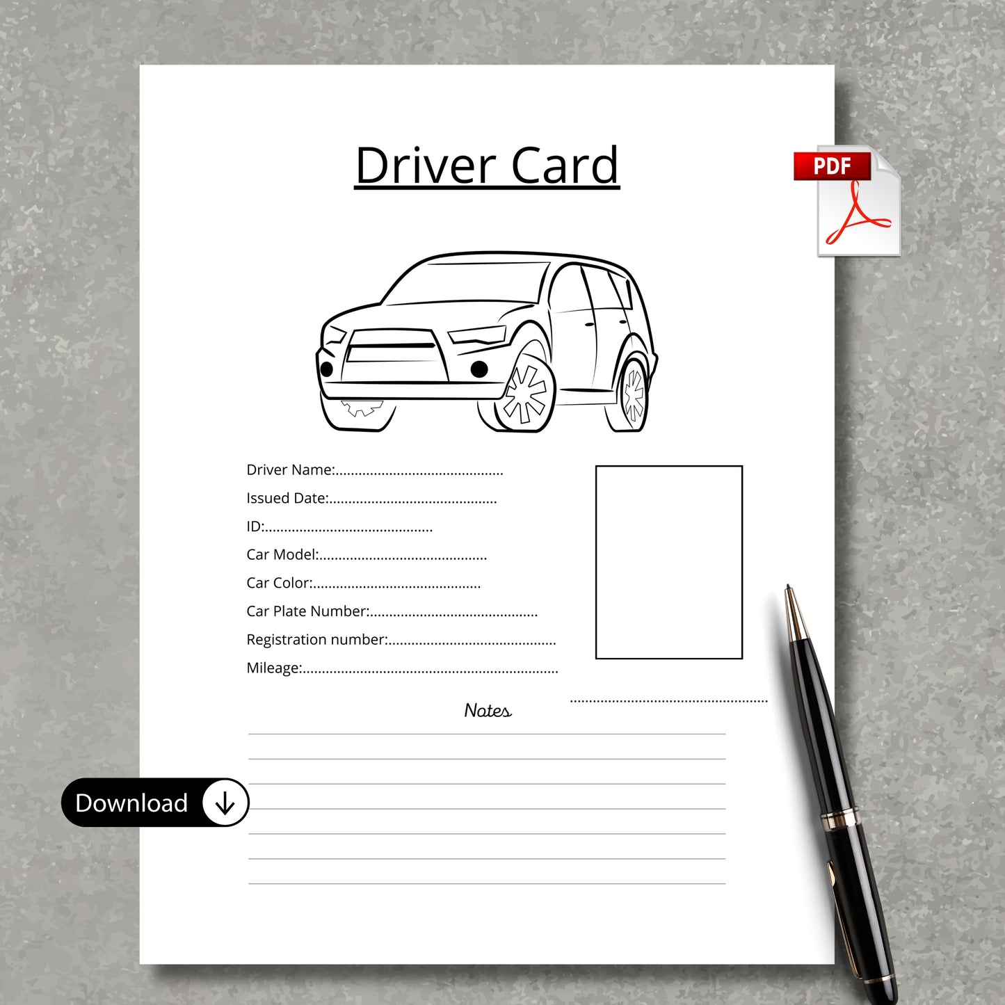 Mileage Tracker + Driver Card Paper Sheets x2