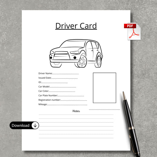 Mileage Tracker + Driver Card Paper Sheets x2