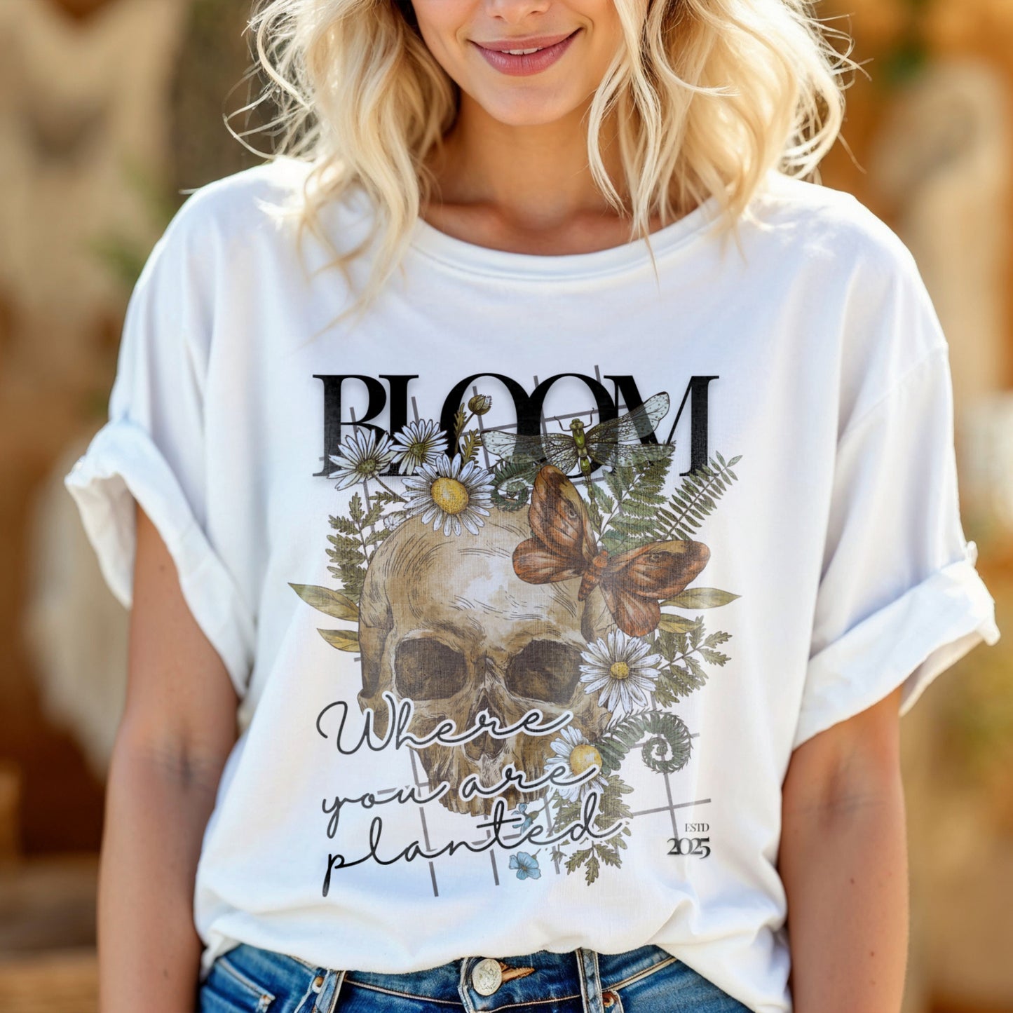 Bloom Where You Are Planted - Skull Butterfly Nature Growth Statement Artwork