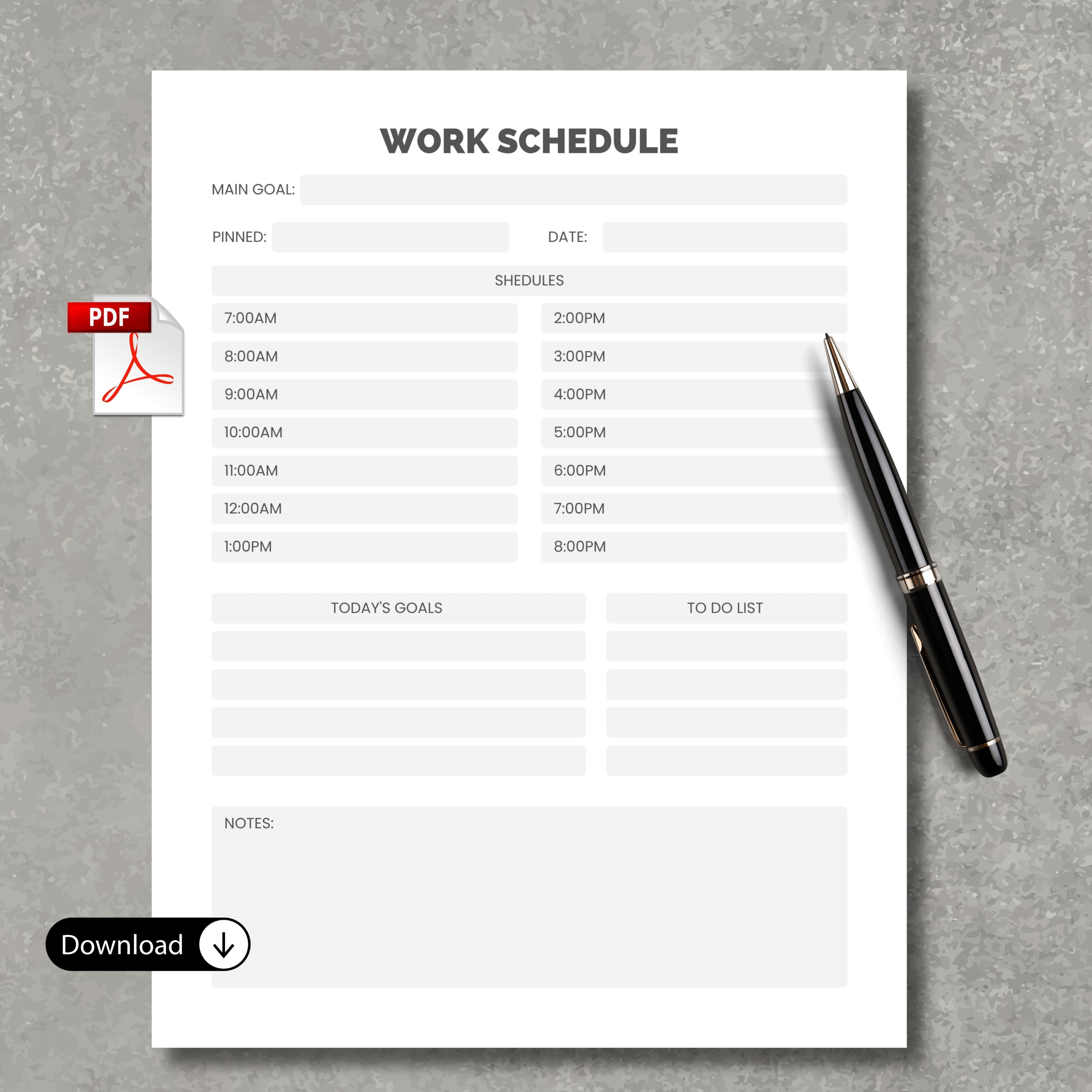 Daily Work Schedule Organizer Sheet