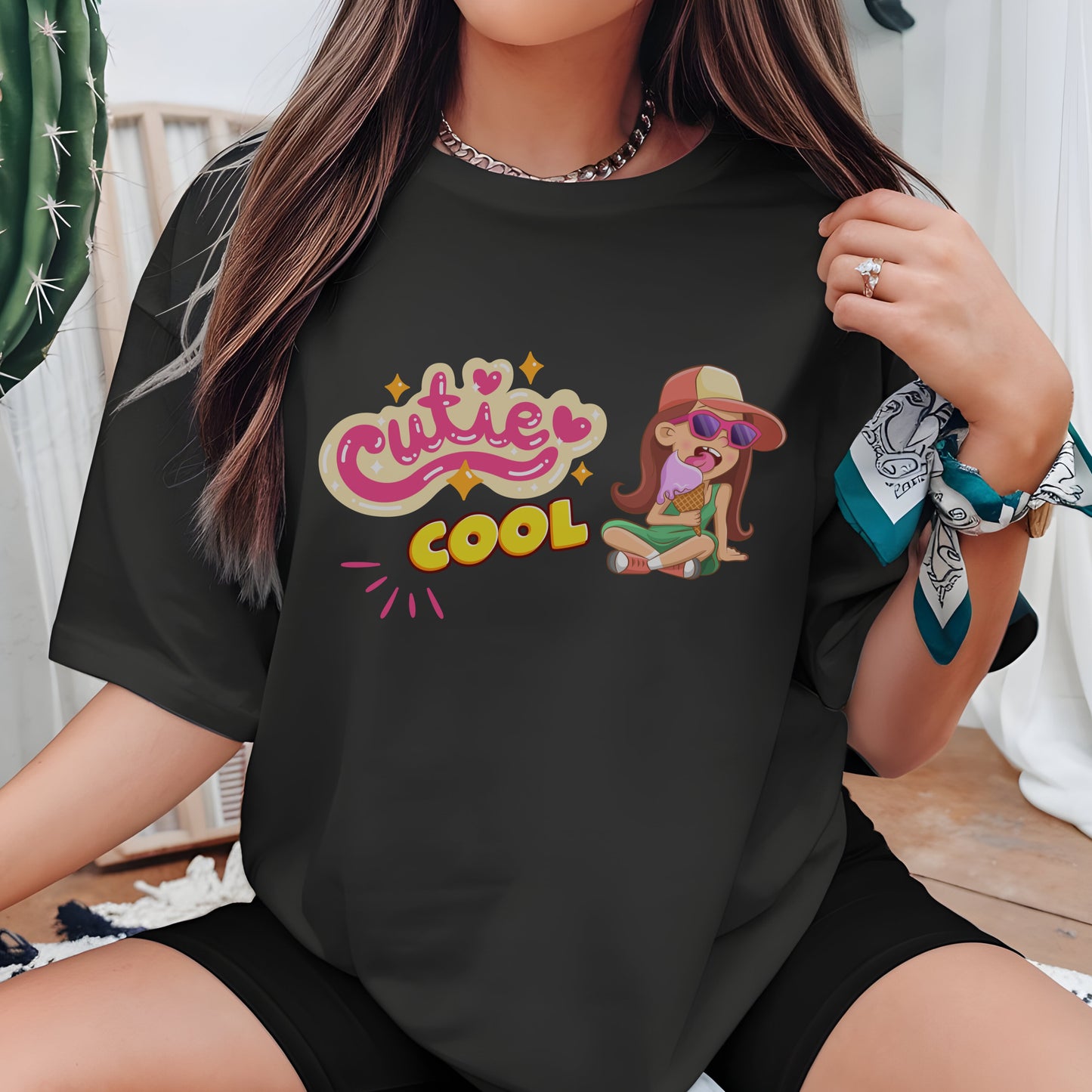 Cutie Cool - Retro Girl Relaxing with Sunglasses Pink Yellow Groovy Illustration