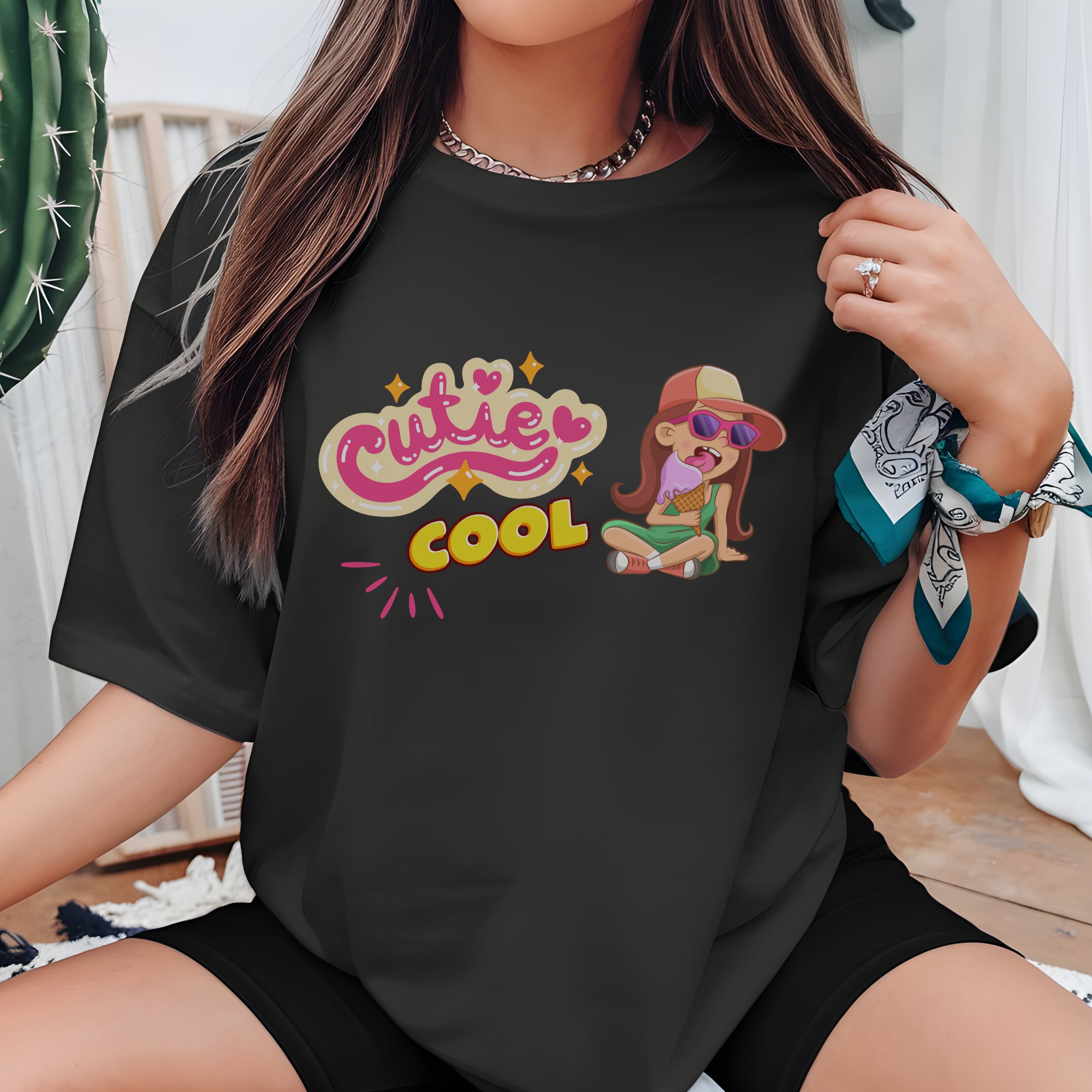 Cutie Cool - Retro Girl Relaxing with Sunglasses Pink Yellow Groovy Illustration