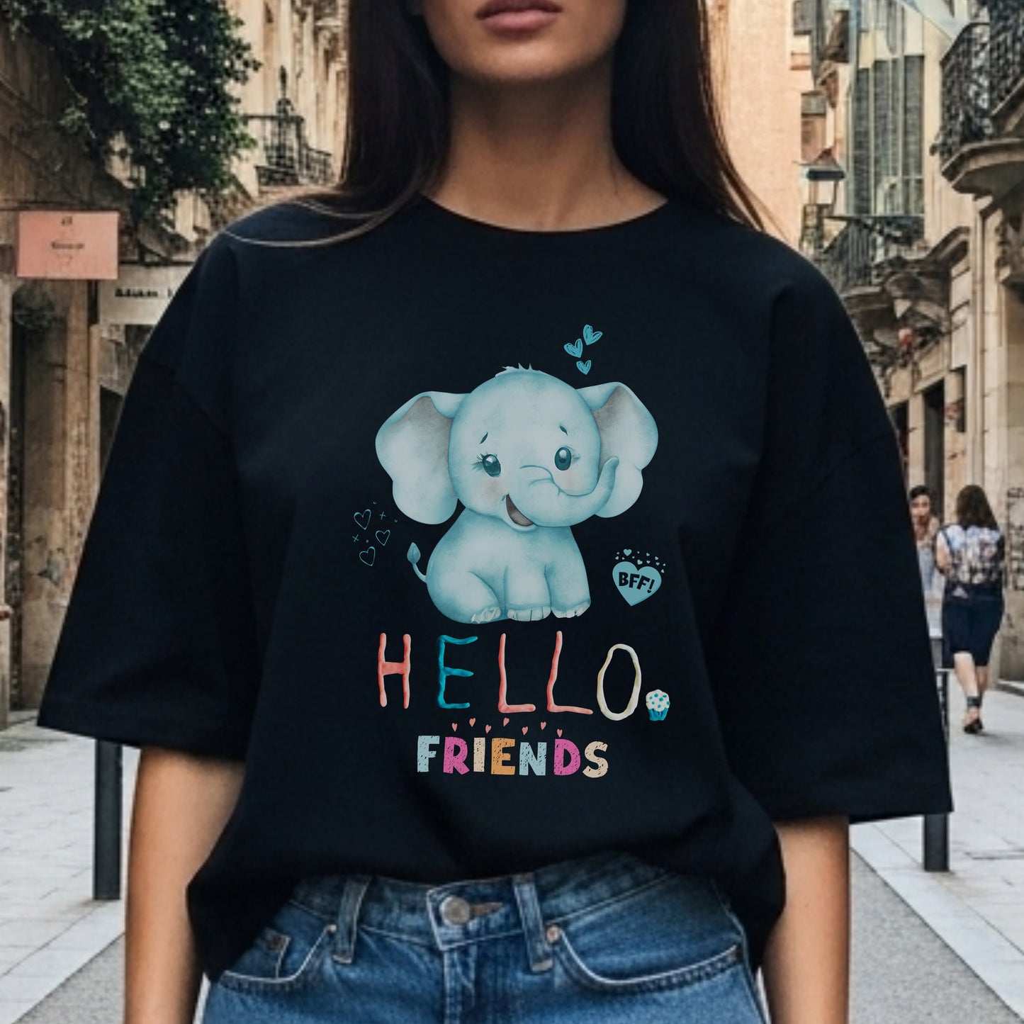 Hello Friends BFF - Cute Elephant Friendship Kindness Greeting Statement Artwork