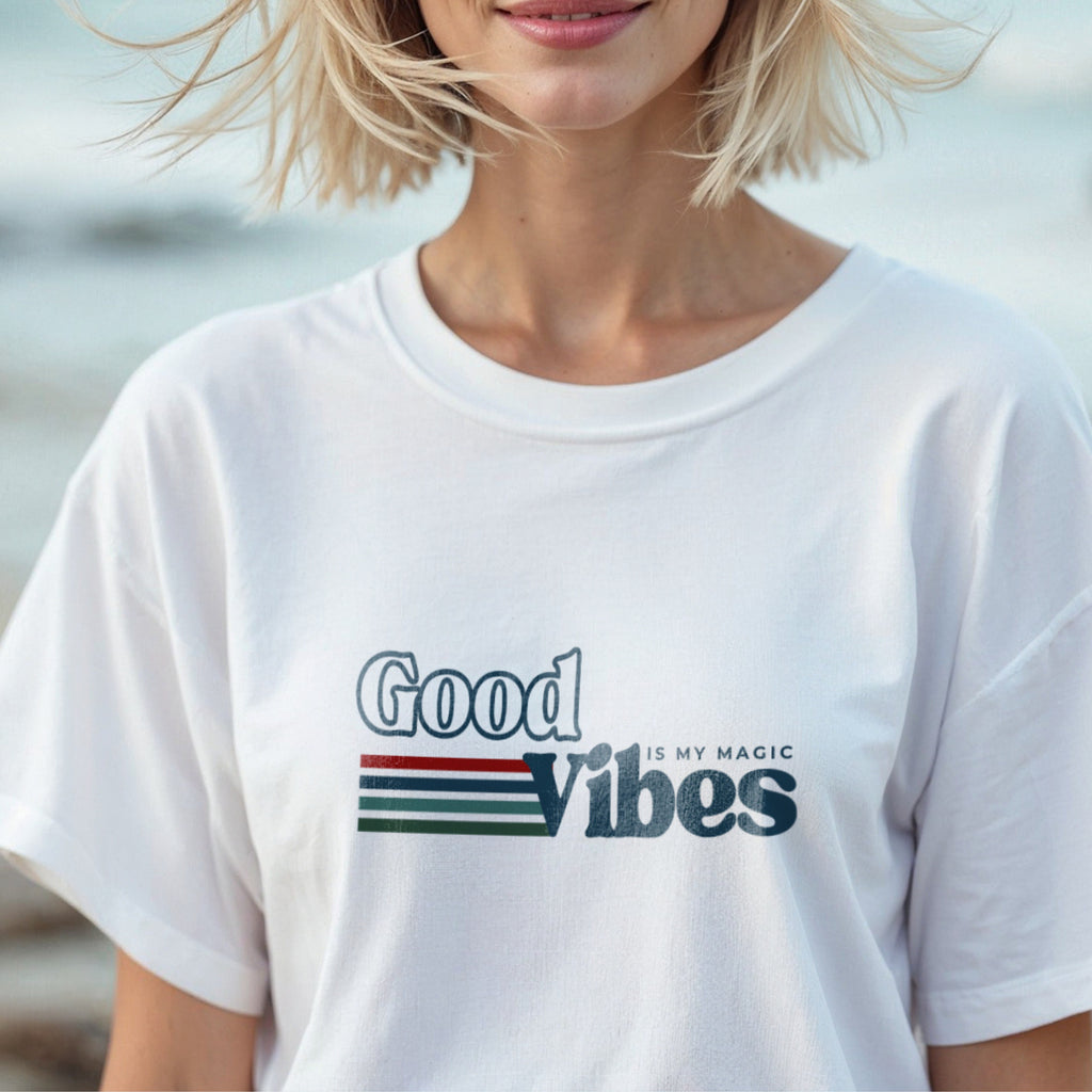 Good Vibes Is My Magic - Retro Striped Typography Positivity Mantra Statement Artwork