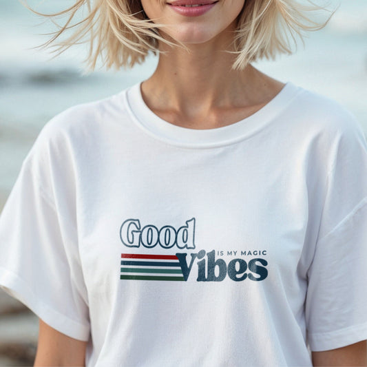 Good Vibes Is My Magic - Retro Striped Typography Positivity Mantra Statement Artwork