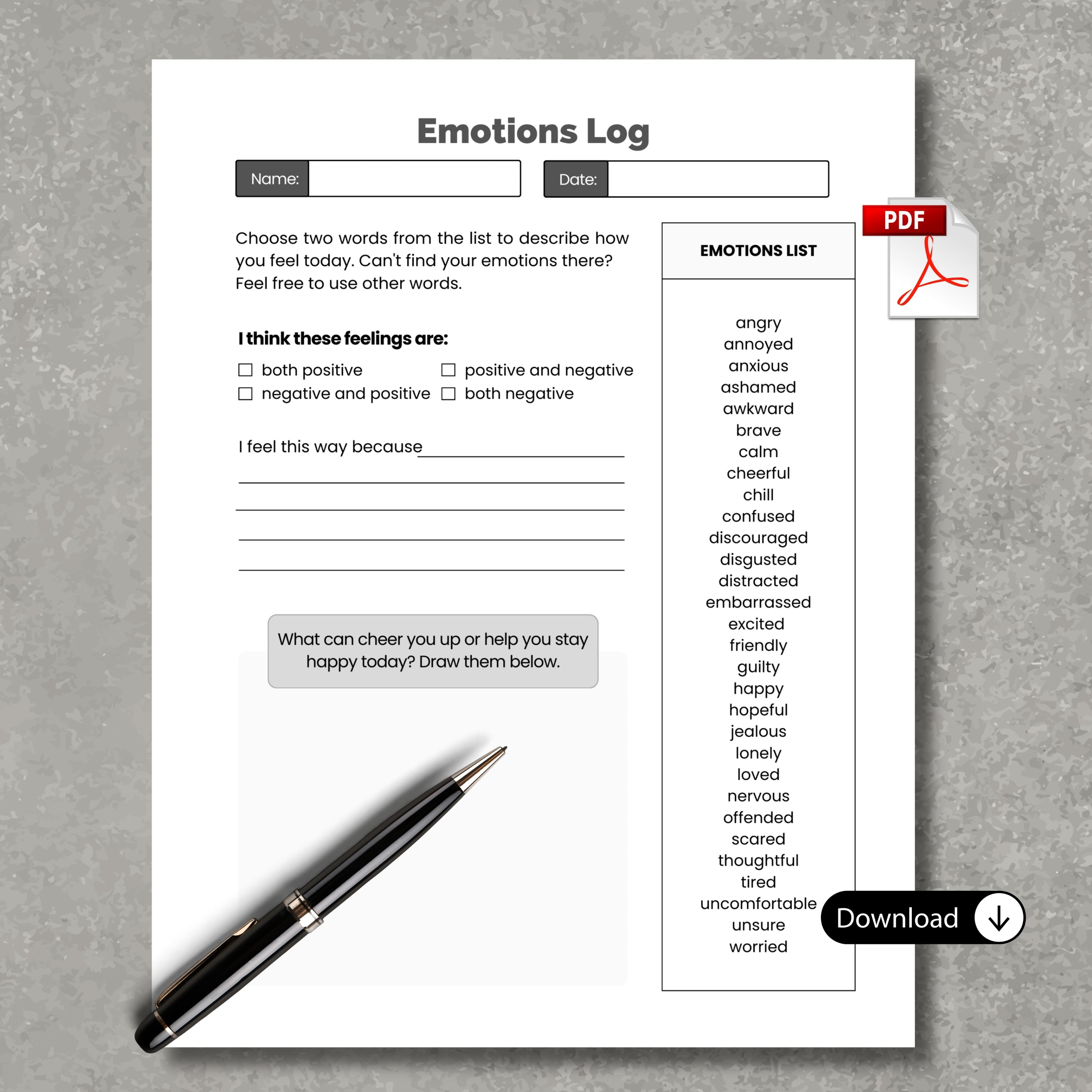 Emotion Log Paper Sheet PDF
