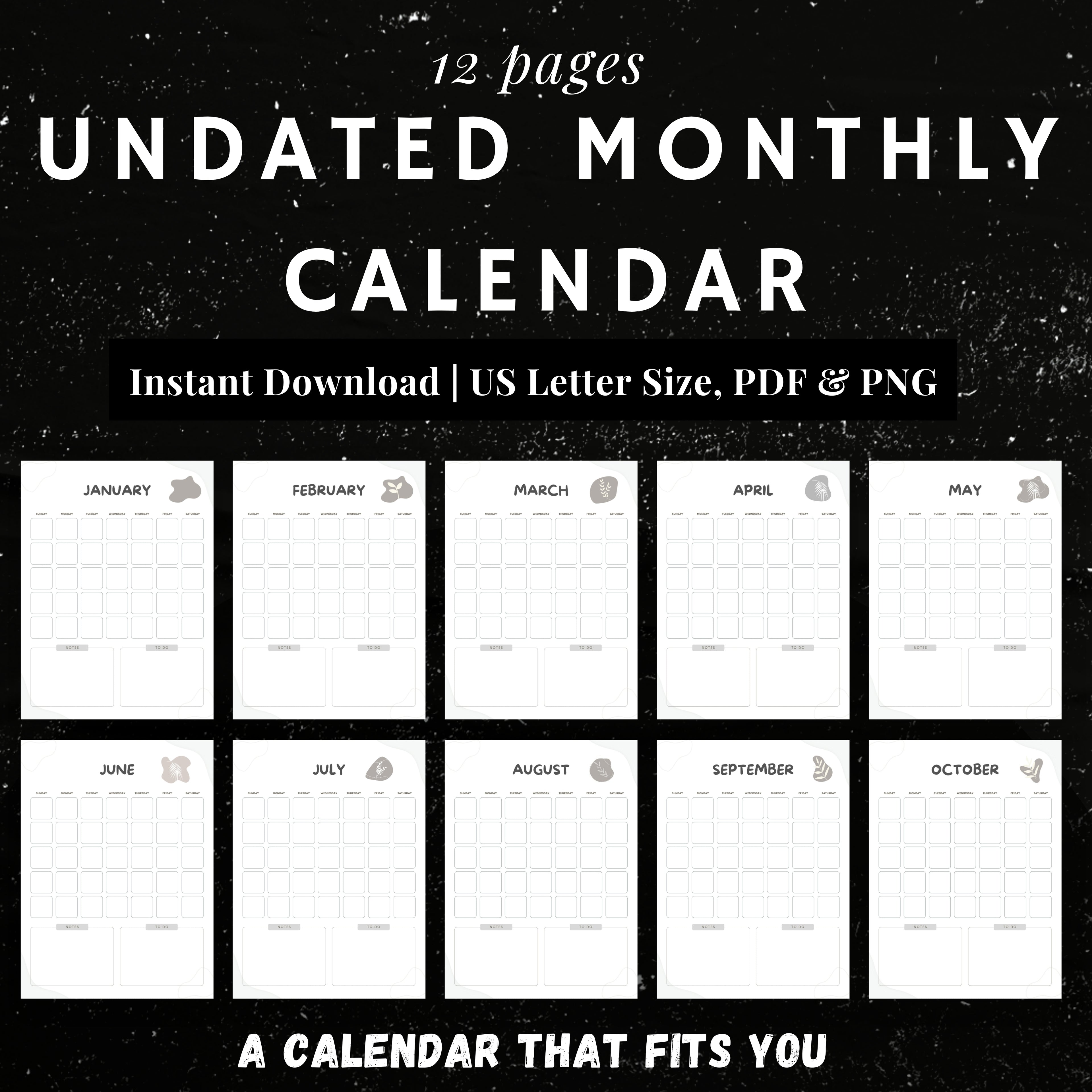 Undated Monthly Calendar PDF x12