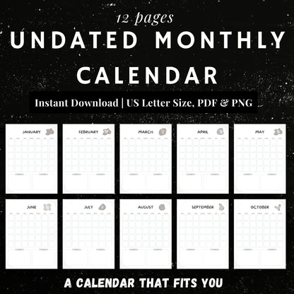Undated Monthly Calendar PDF x12
