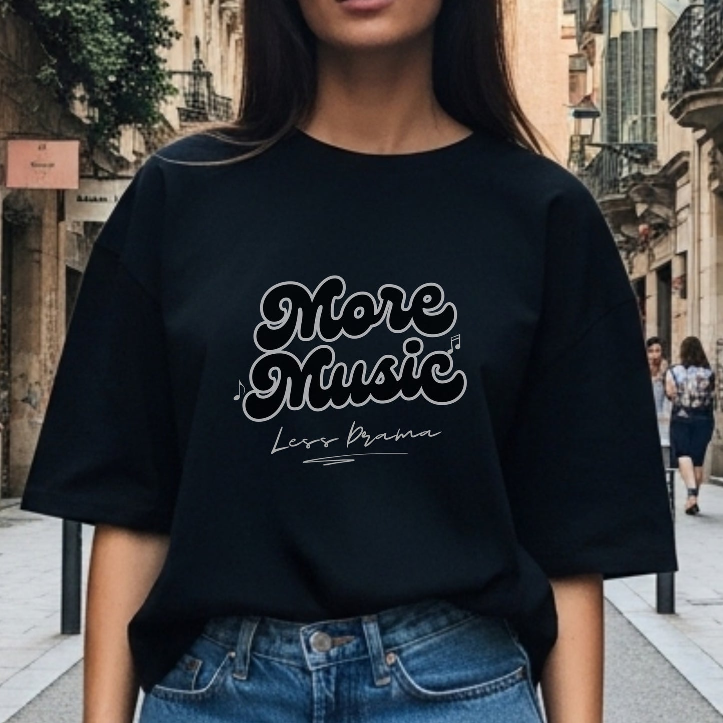 More Music Less Drama - Retro Bubble Script Musical Notes Priority Statement Artwork