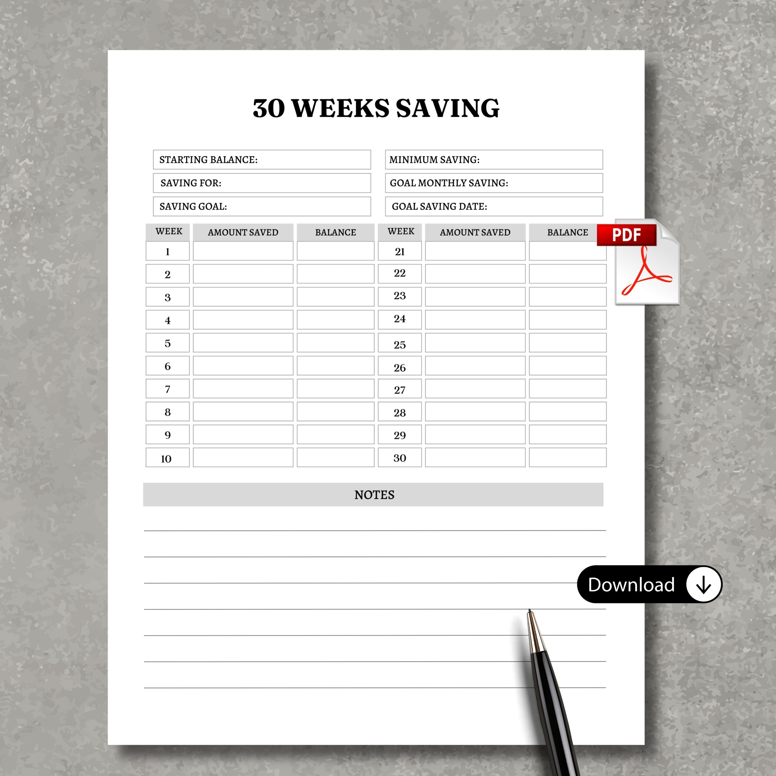 30 Weeks Saving Tracker