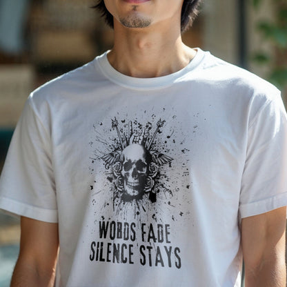 Words Fade Silence Stays - Skull Rose Explosion Statement Artwork