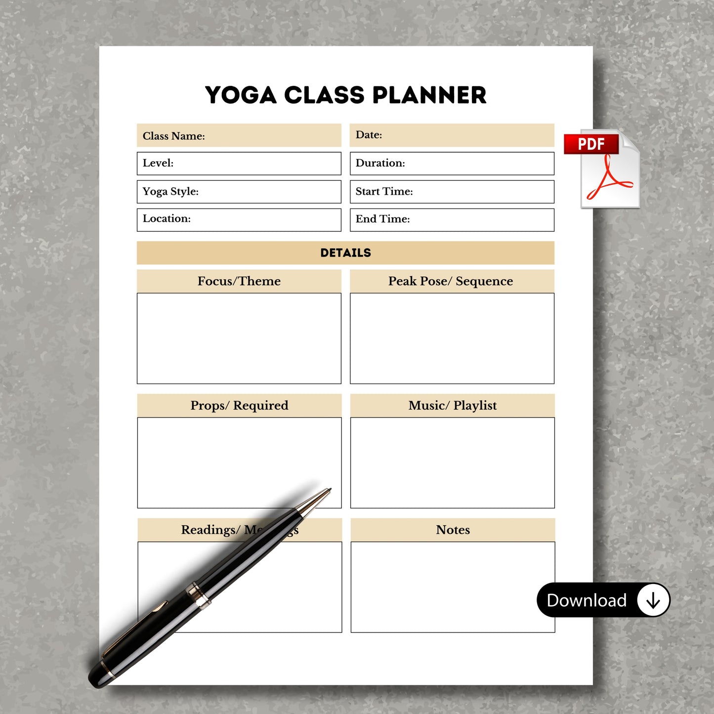Yoga Class Planner- Gold Theme