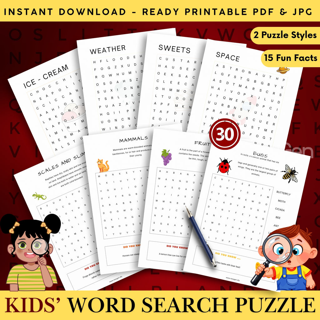 Kids' Word Search Puzzle - 30 Educational Themes