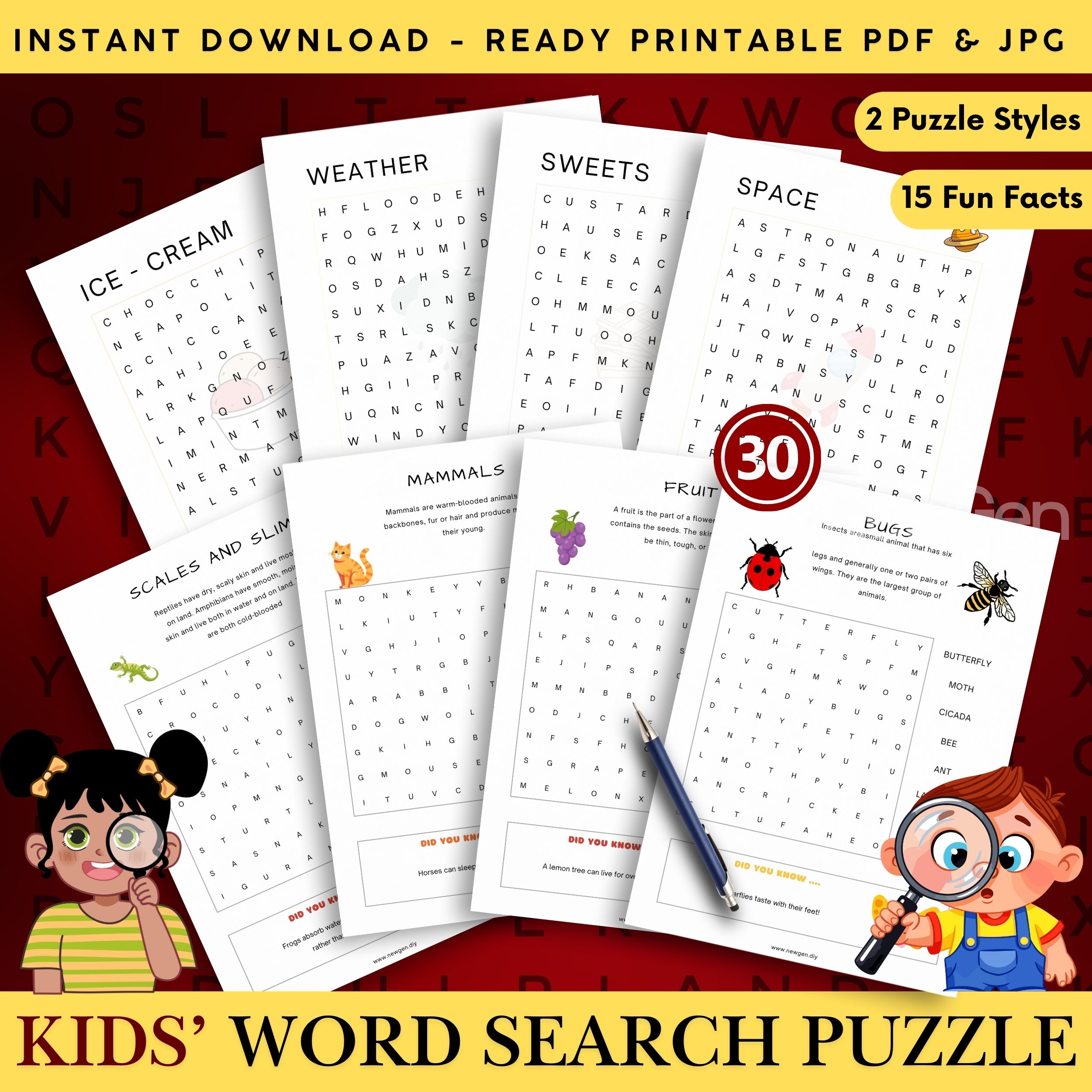 Kids' Word Search Puzzle - 30 Educational Themes