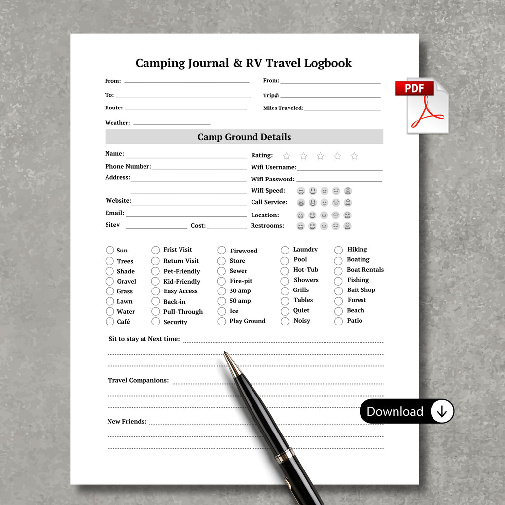 Camping Journal & RV Travel Logbook Sheets x2