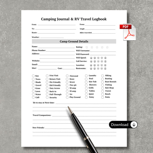 Camping Journal & RV Travel Logbook Sheets x2