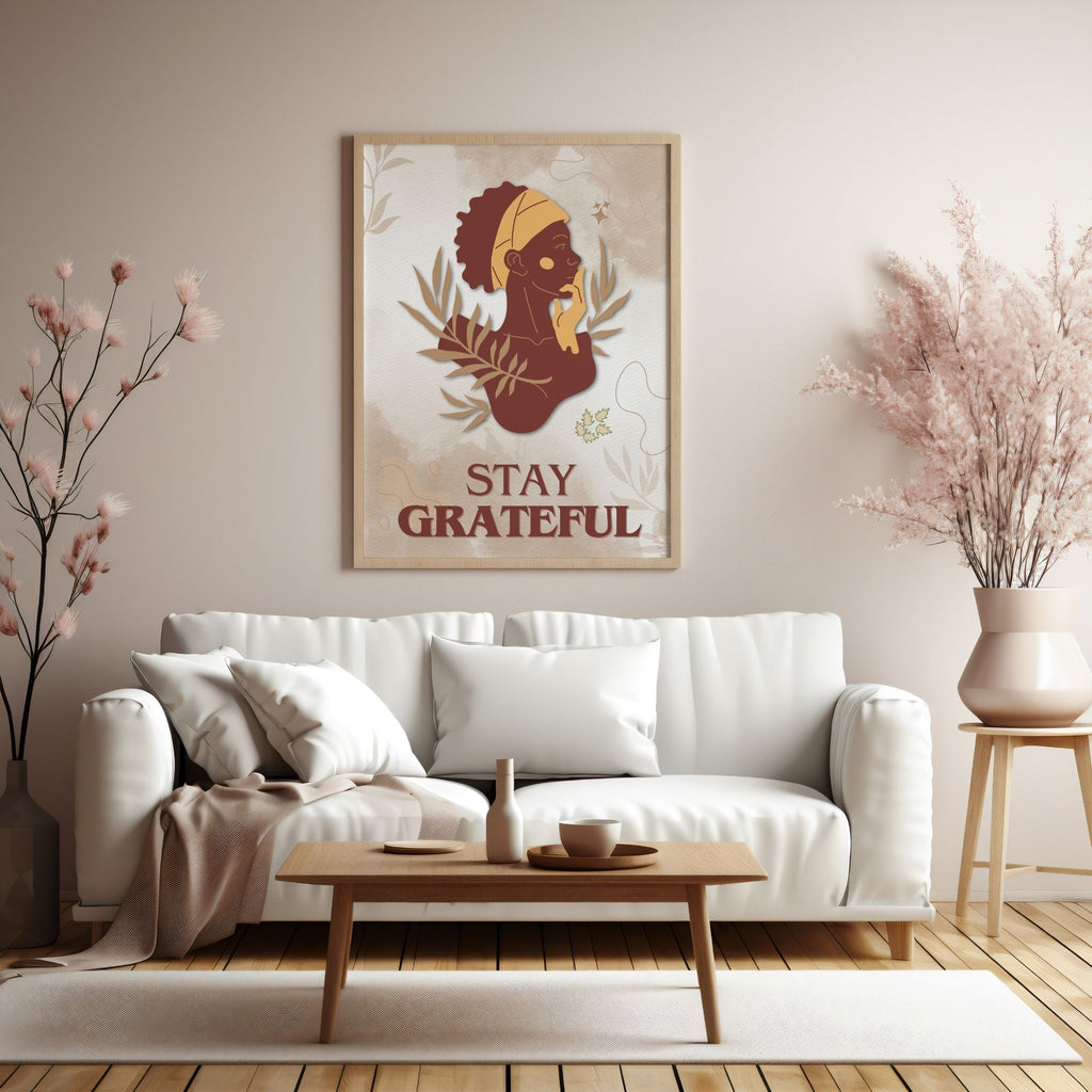 Stay Grateful - African American Gratitude Wall Art | Botanical Portrait Poster