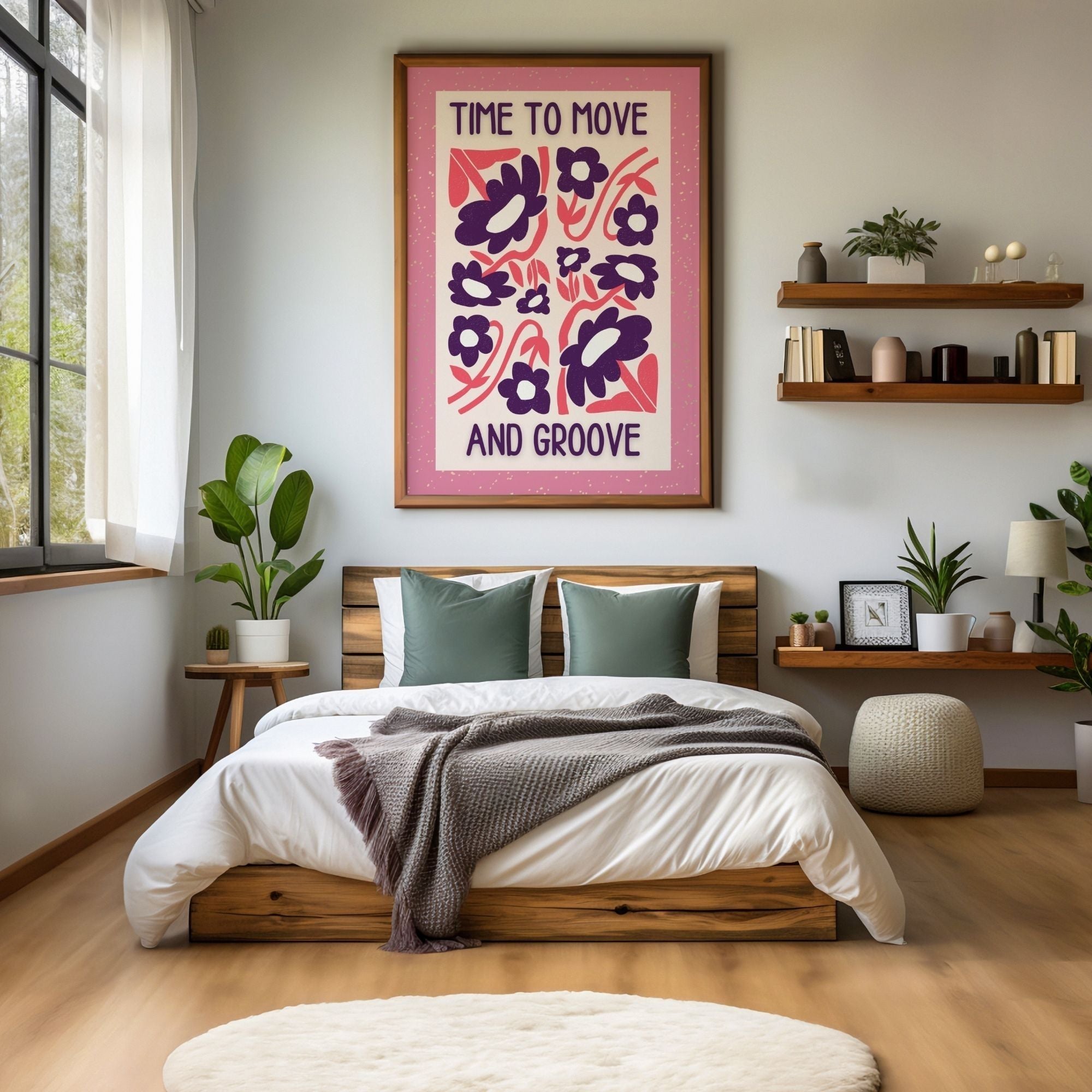 Time To Move And Groove - Retro Floral Dance Wall Art Print | Playful Typography Poster