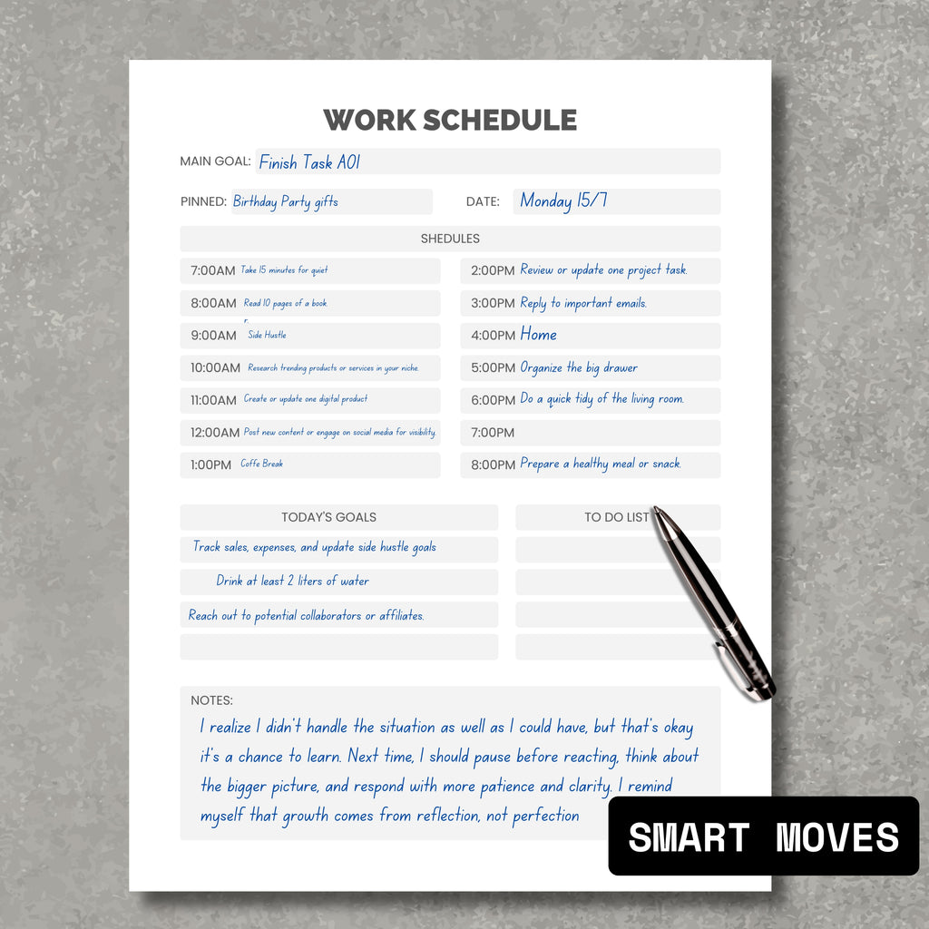 Daily Work Schedule Organizer Sheet