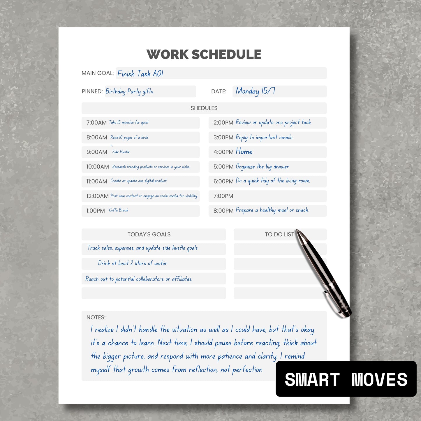 Daily Work Schedule Organizer Sheet