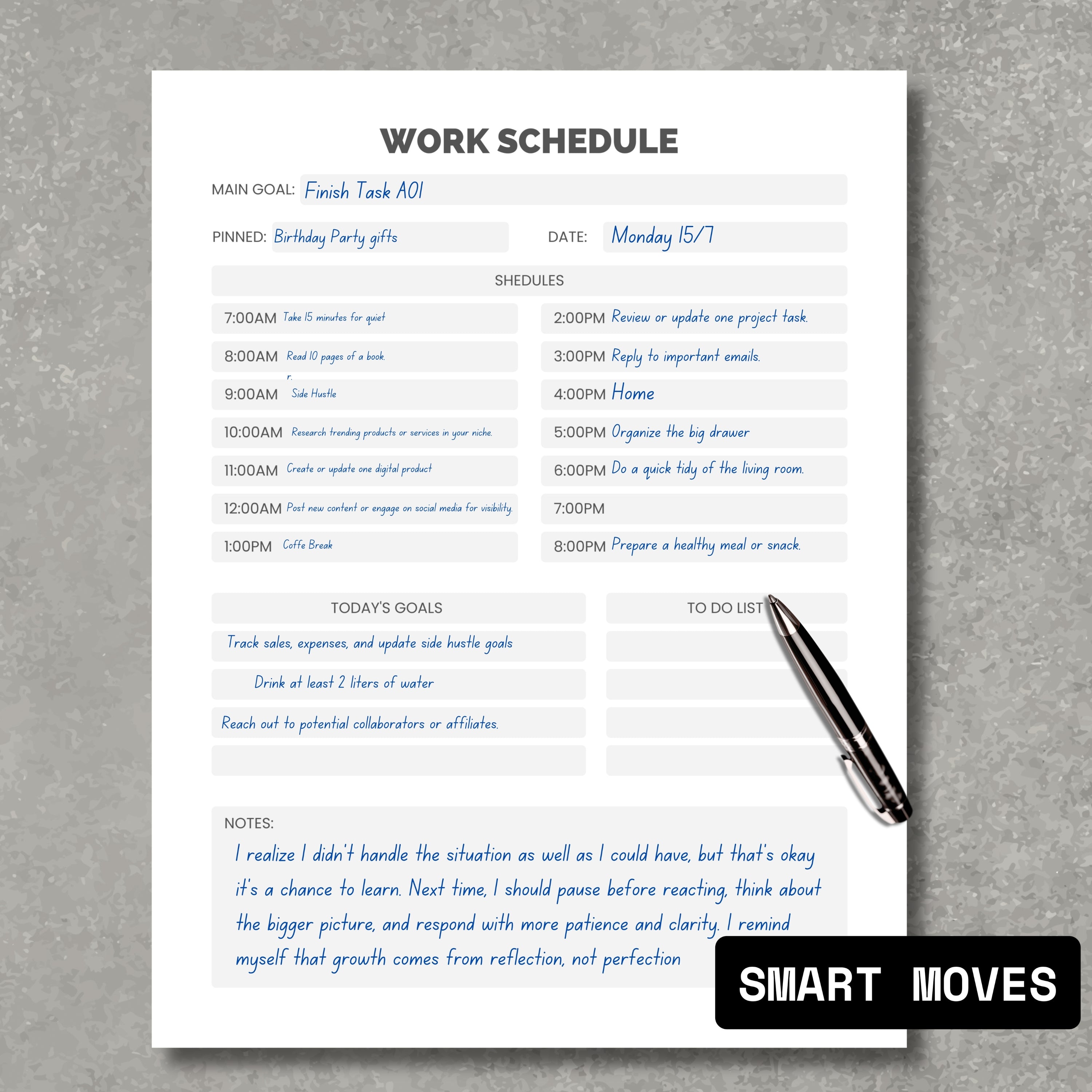 Daily Work Schedule Organizer Sheet