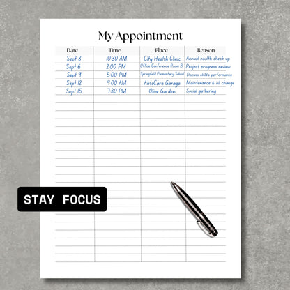 My Appointments Planner Sheet