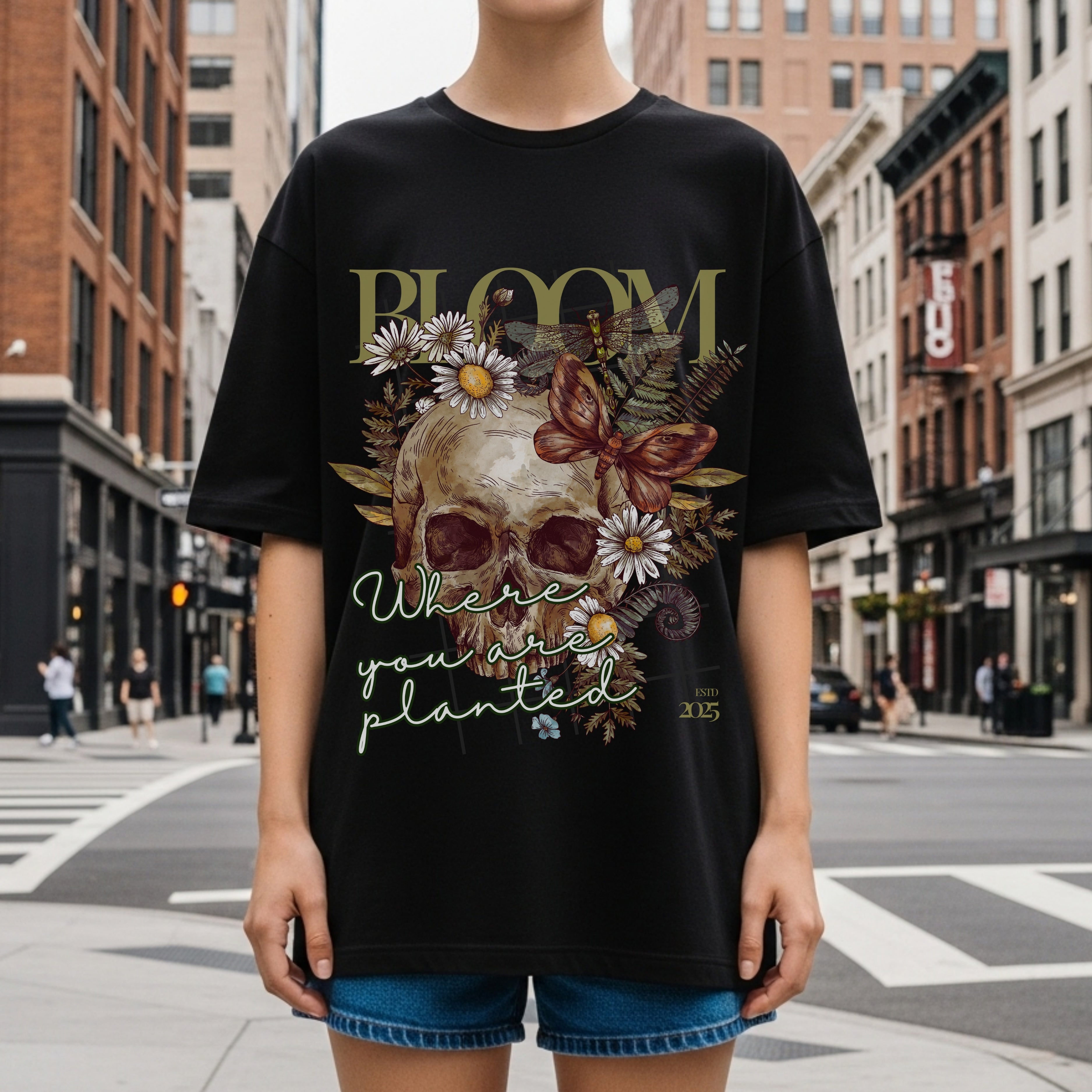 Bloom Where You Are Planted - Skull Butterfly Nature Growth Statement Artwork