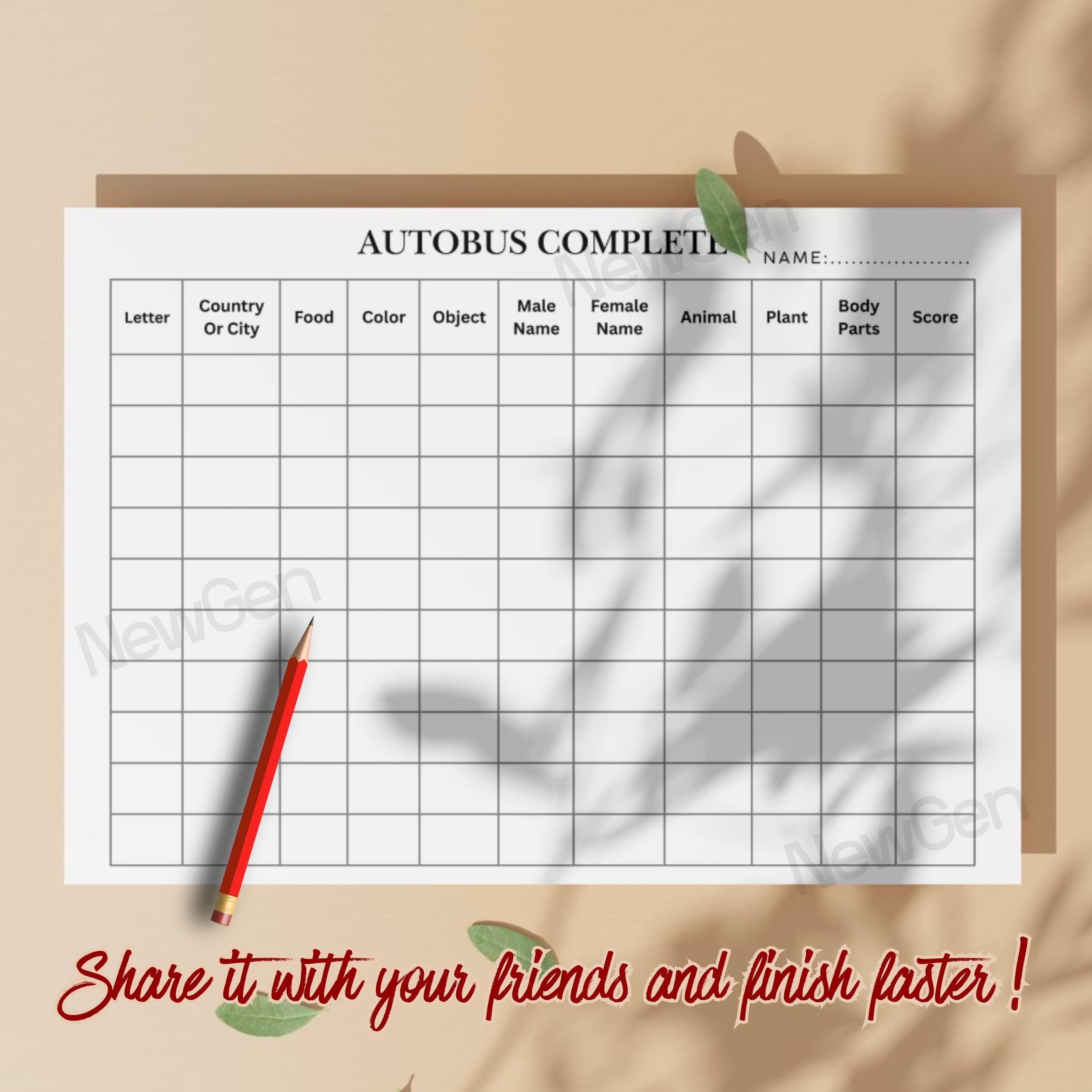 Autobus Complete Paper Game Form