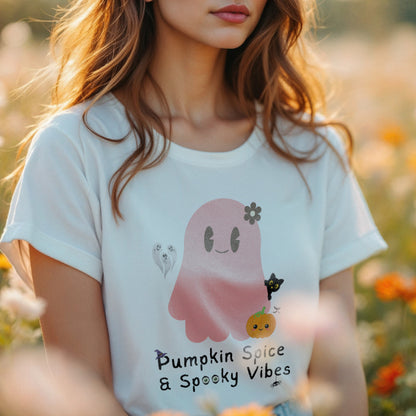Pumpkin Spice & Spooky Vibes - Cute Halloween Ghost Autumn Season Statement Artwork