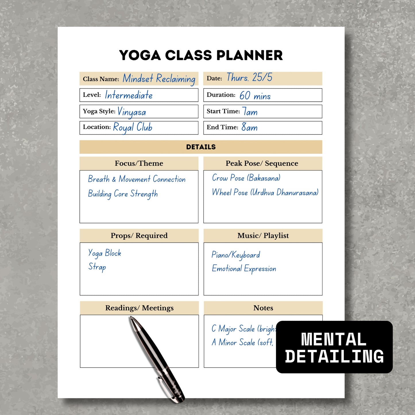 Yoga Class Planner- Gold Theme