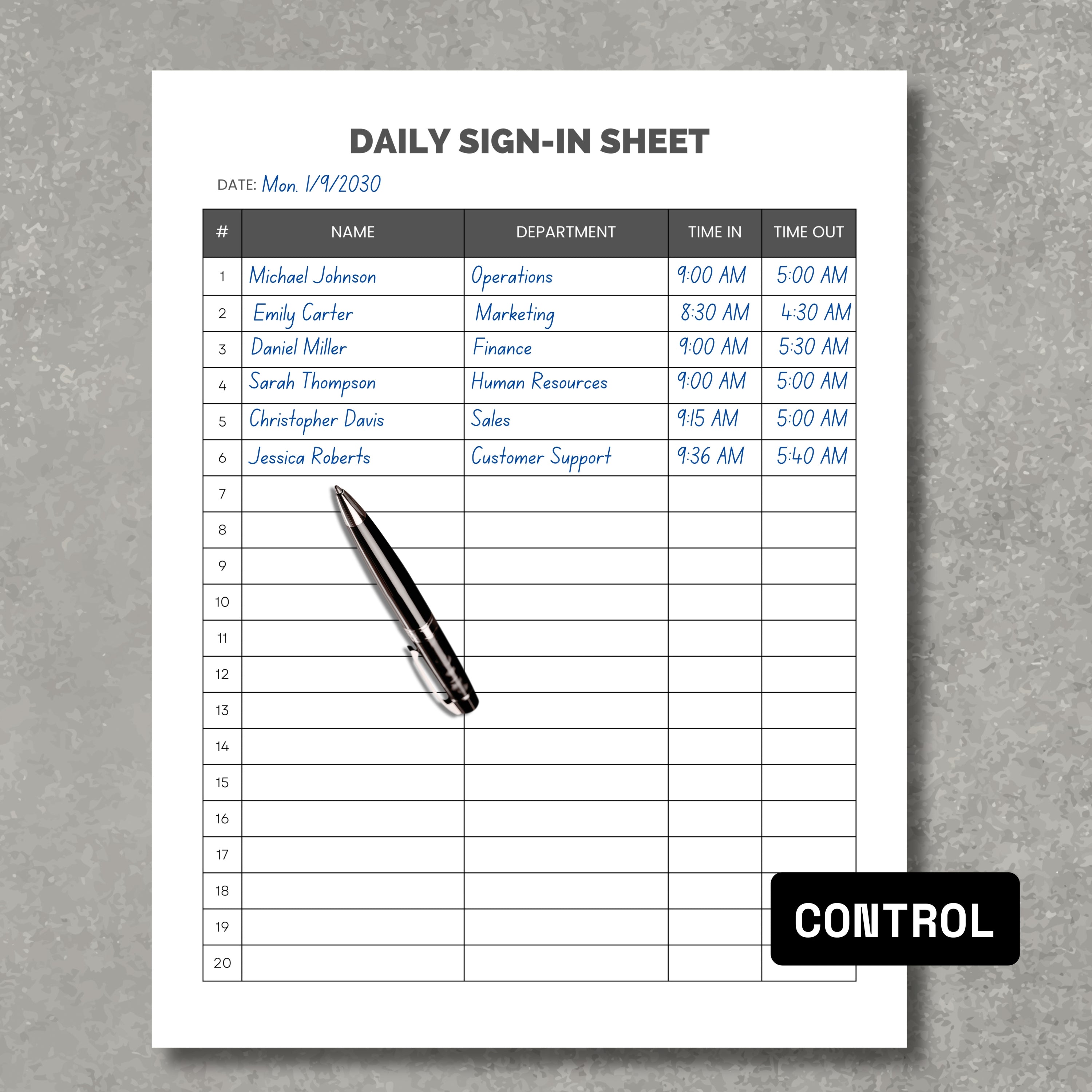 Daily Sign In Sheet