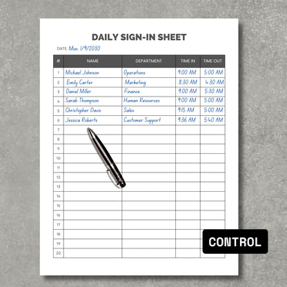 Daily Sign In Sheet