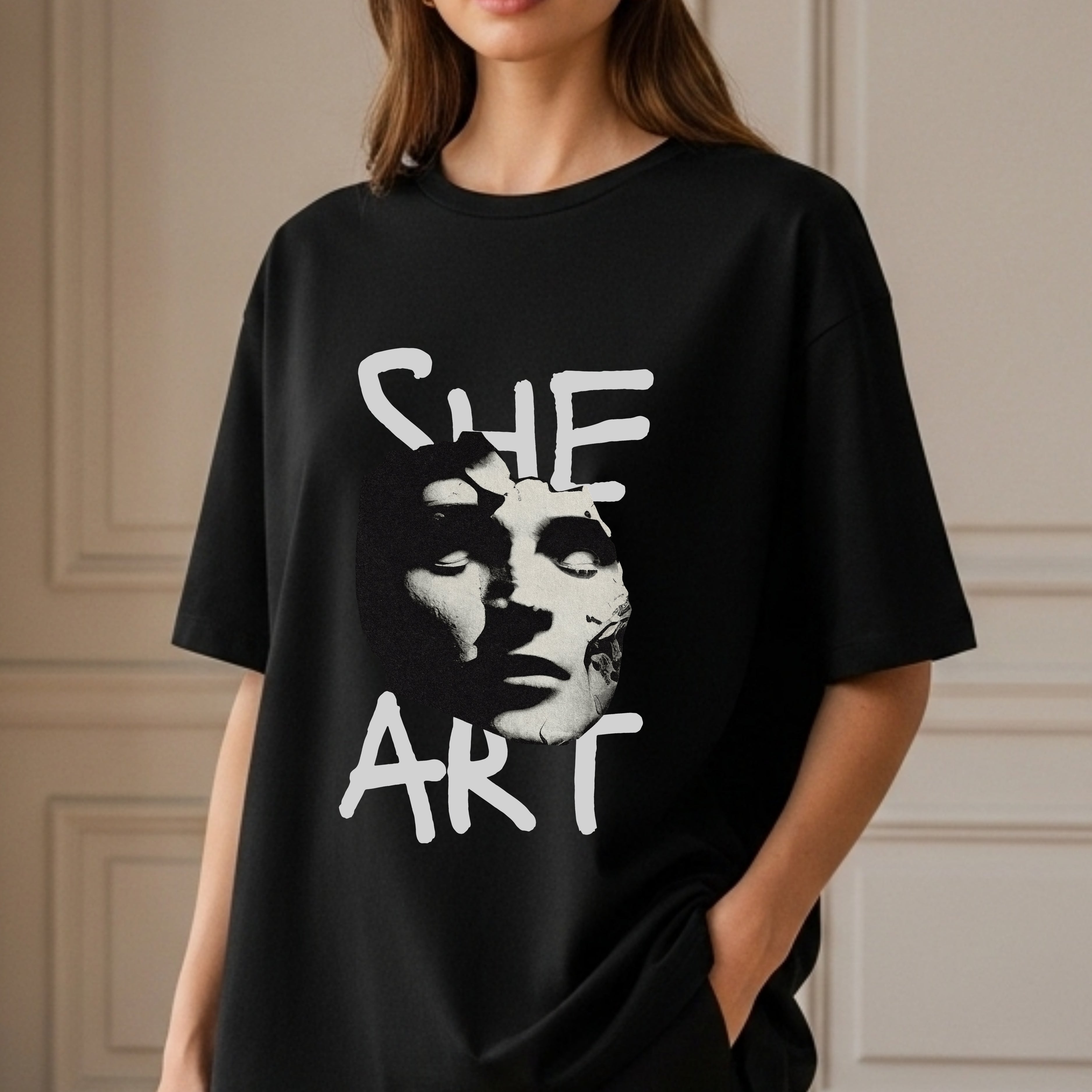 She Art - Minimalist Black & White Portrait Typography Artistic Statement Artwork