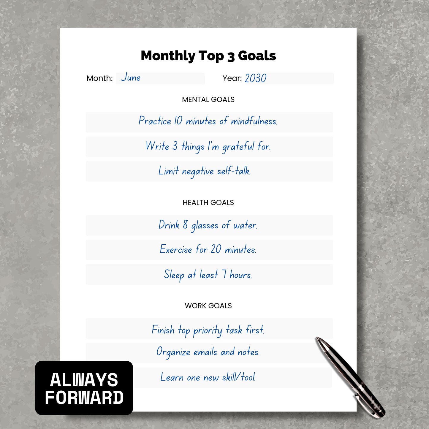 Monthly Top 3 Goals Planner